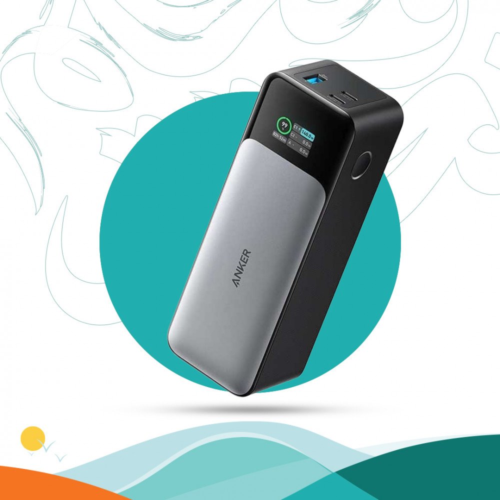 بطارية انكر جان برايم 24000 امبير بي دي بقوة 140 واط بمنفذين تايب سي بتقنية PD ومنفذ يو اس بي - اسود وفضي